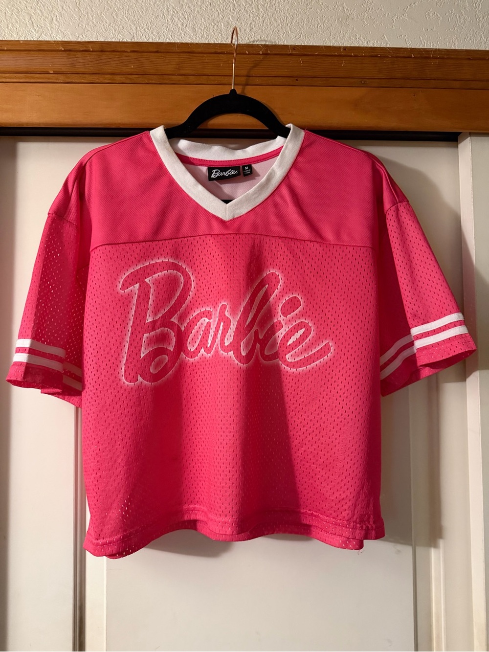 Barbie Bright Pink Mesh Logo Jersey Top with White Trim